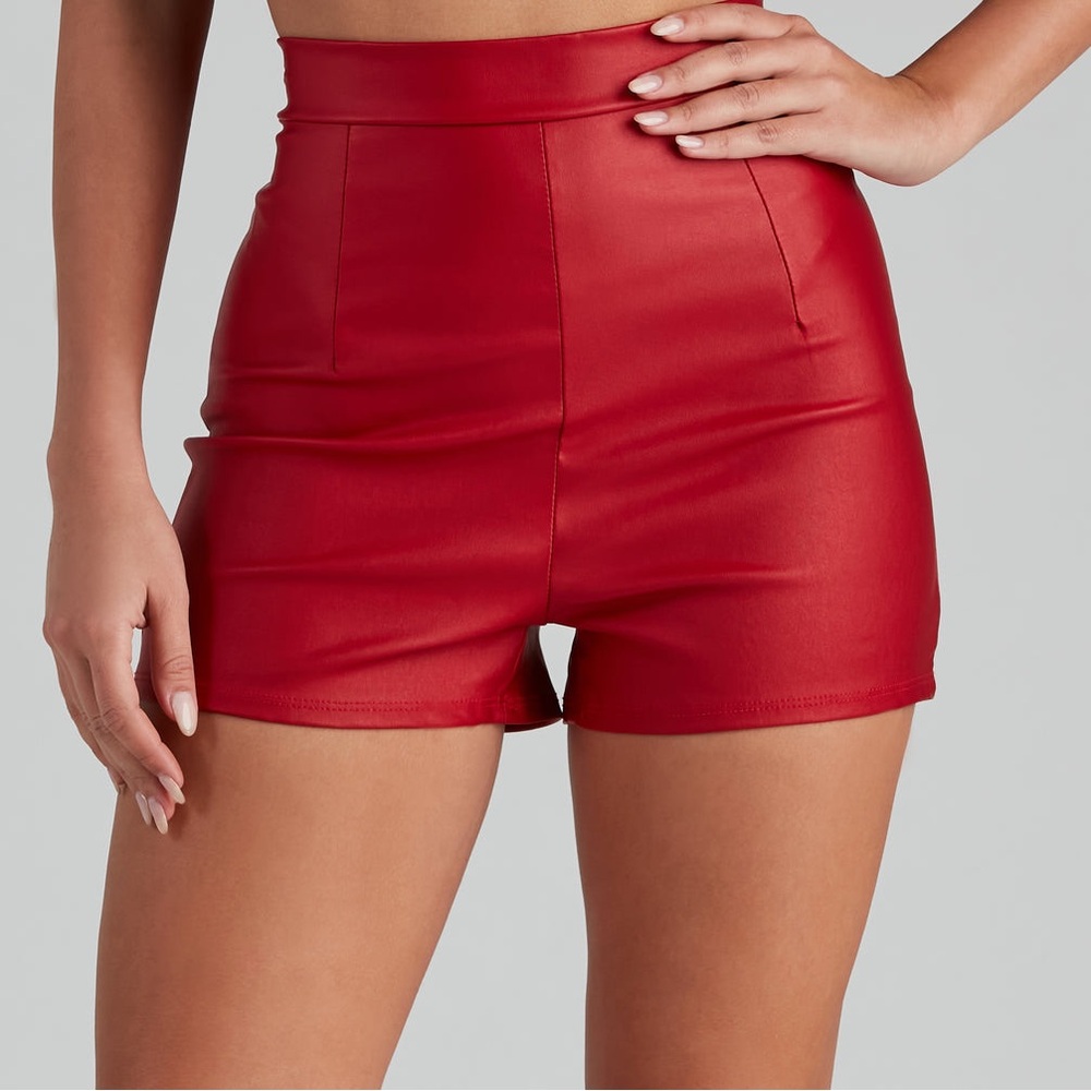 Windsor Red High Waist Coated Faux Leather Shorts 🍒